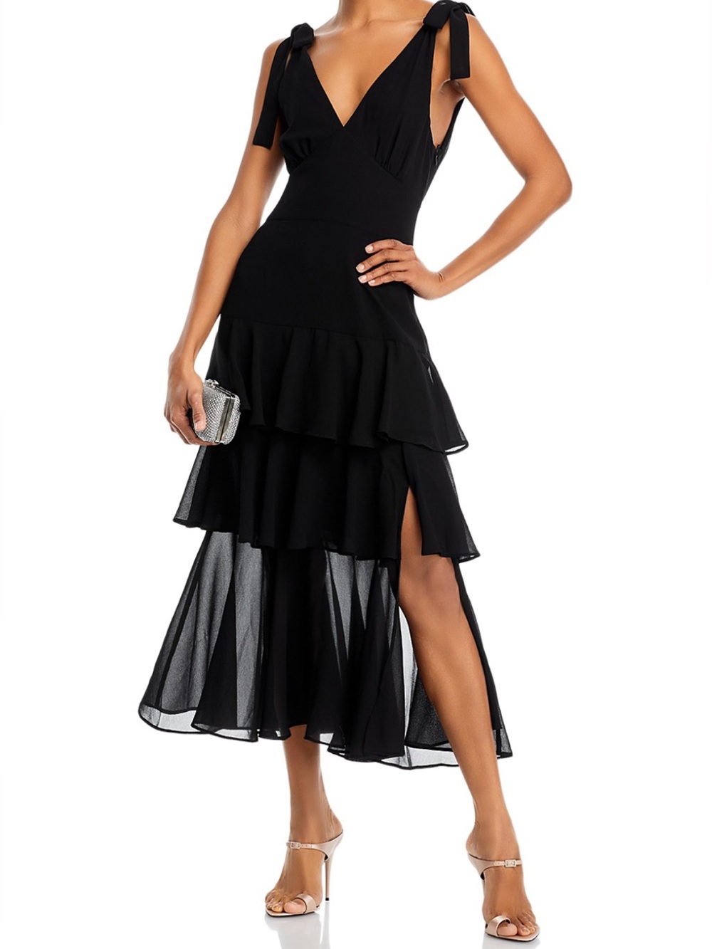 WAYF Black Black Hampton Tiered Midi Dress Size S